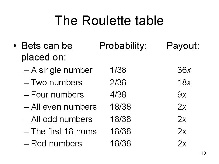 The Roulette table • Bets can be placed on: – A single number –