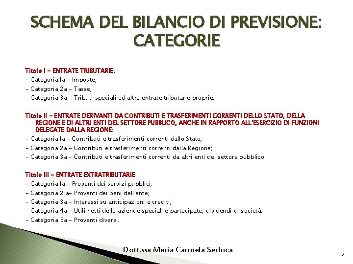 SCHEMA DEL BILANCIO DI PREVISIONE: CATEGORIE Titolo I - ENTRATE TRIBUTARIE: - Categoria la