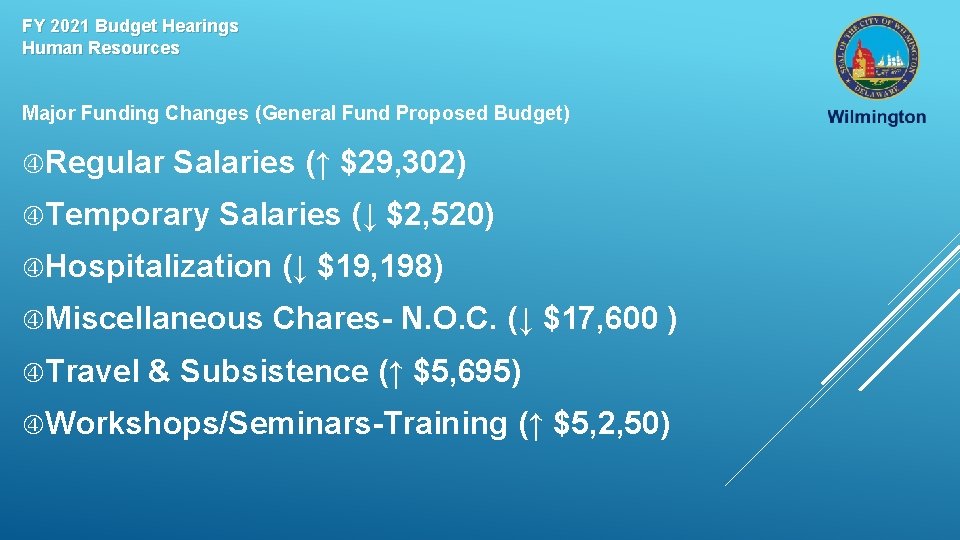 FY 2021 Budget Hearings Human Resources Major Funding Changes (General Fund Proposed Budget) Regular