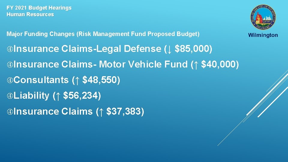 FY 2021 Budget Hearings Human Resources Major Funding Changes (Risk Management Fund Proposed Budget)