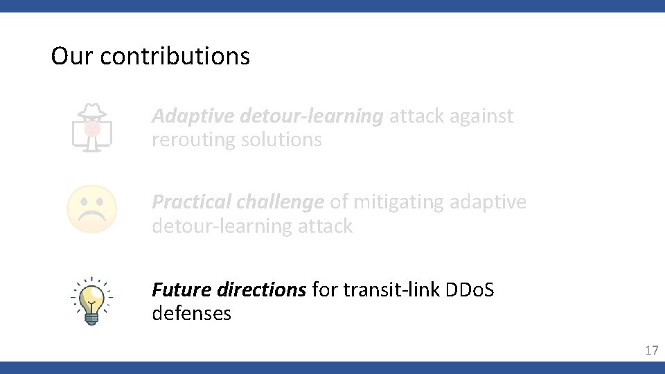 Our contributions Adaptive detour-learning attack against rerouting solutions Practical challenge of mitigating adaptive detour-learning