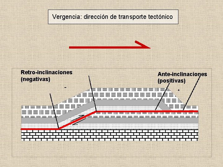 Vergencia: dirección de transporte tectónico Retro-inclinaciones (negativas) - Ante-inclinaciones (positivas) + 