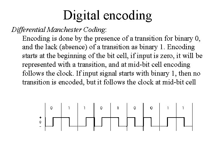Digital encoding Differential Manchester Coding: Encoding is done by the presence of a transition Digital encoding Differential Manchester Coding: Encoding is done by the presence of a transition