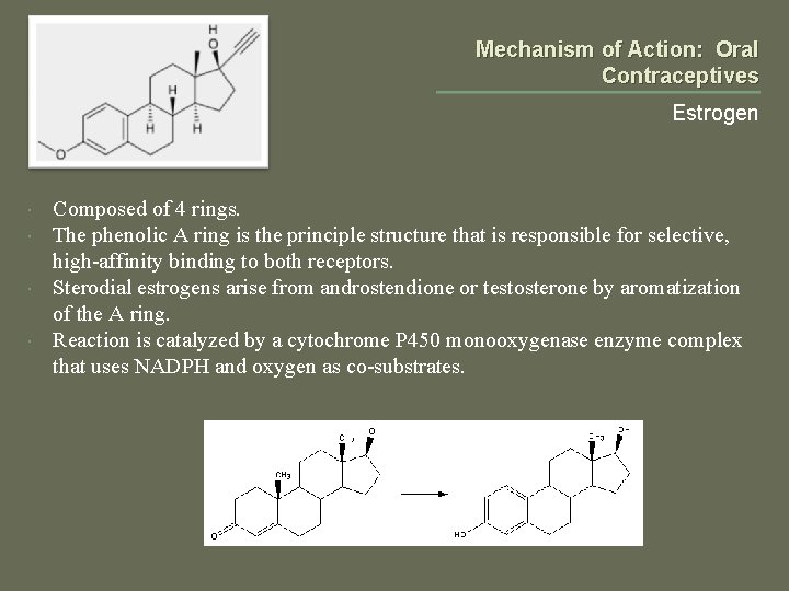 Mechanism of Action: Oral Contraceptives Estrogen Composed of 4 rings. The phenolic A ring
