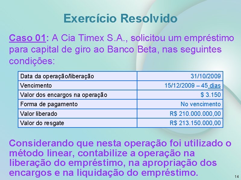 Exercício Resolvido Caso 01: A Cia Timex S. A. , solicitou um empréstimo para