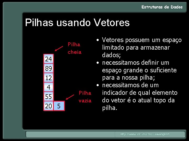 Pilhas usando Vetores 24 89 12 4 55 20 • Vetores possuem um espaço