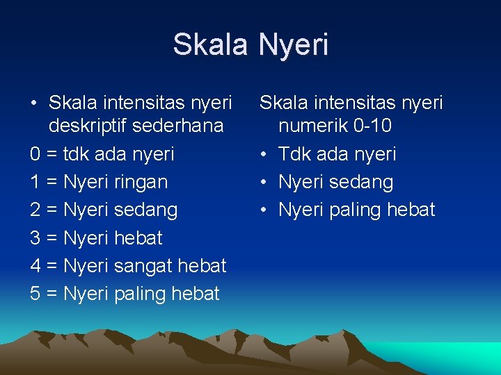 Skala Nyeri • Skala intensitas nyeri deskriptif sederhana 0 = tdk ada nyeri 1