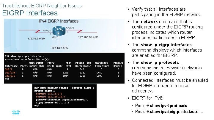 Troubleshoot EIGRP Neighbor Issues EIGRP Interfaces • Verify that all interfaces are participating in