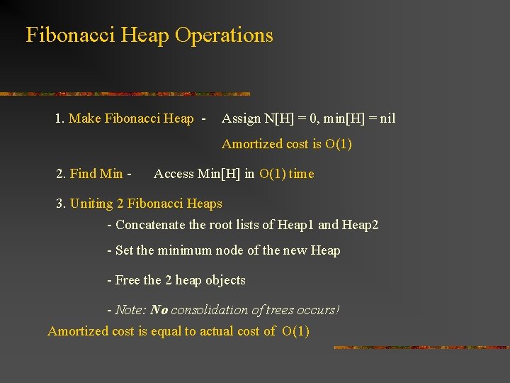 Fibonacci Heap Operations 1. Make Fibonacci Heap - Assign N[H] = 0, min[H] =