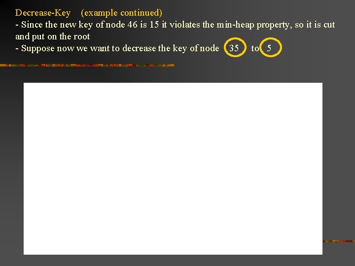 Decrease-Key (example continued) - Since the new key of node 46 is 15 it