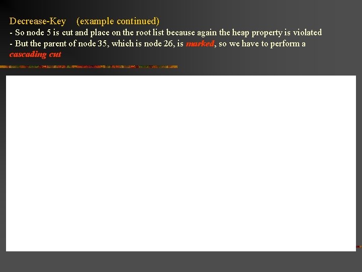 Decrease-Key (example continued) - So node 5 is cut and place on the root