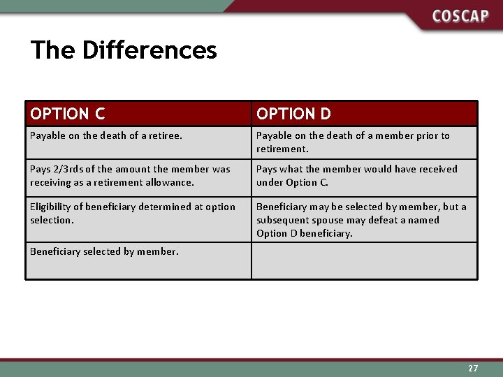 The Differences OPTION C OPTION D Payable on the death of a retiree. Payable