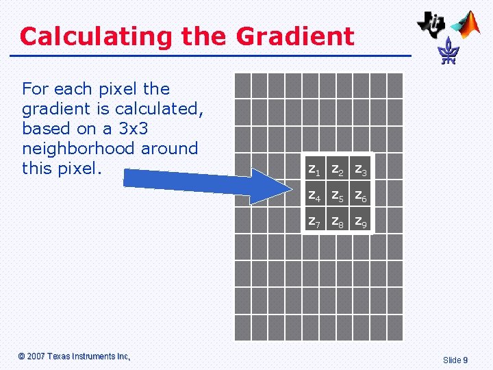 Calculating the Gradient For each pixel the gradient is calculated, based on a 3