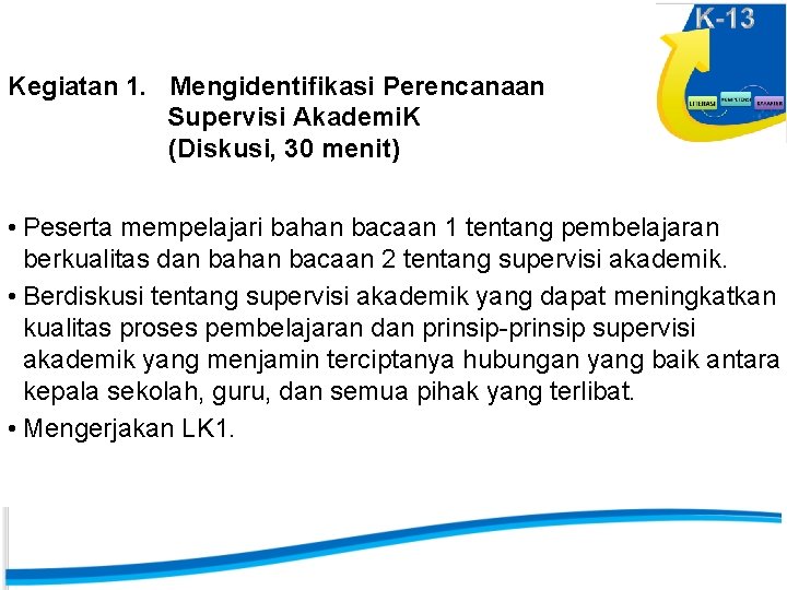 Kegiatan 1. Mengidentifikasi Perencanaan Supervisi Akademi. K (Diskusi, 30 menit) • Peserta mempelajari bahan