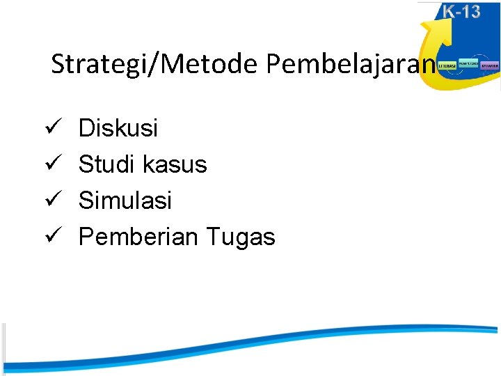 Strategi/Metode Pembelajaran ü ü Diskusi Studi kasus Simulasi Pemberian Tugas 