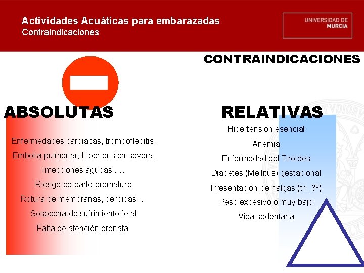 Actividades Acuáticas para embarazadas Contraindicaciones CONTRAINDICACIONES ABSOLUTAS RELATIVAS Hipertensión esencial Enfermedades cardiacas, tromboflebitis, Anemia