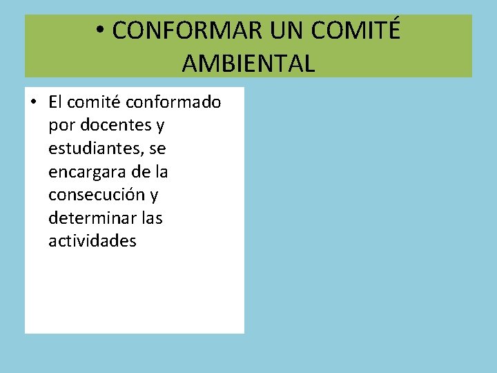  • CONFORMAR UN COMITÉ AMBIENTAL • El comité conformado por docentes y estudiantes,