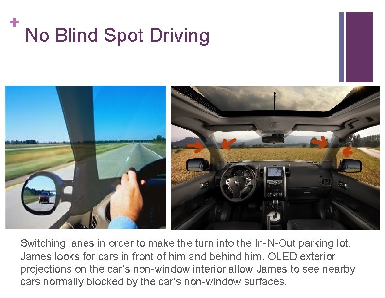 + No Blind Spot Driving Switching lanes in order to make the turn into
