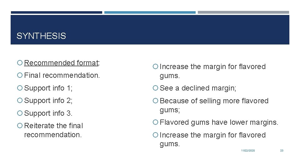 SYNTHESIS Recommended format: Final recommendation. Increase the margin for flavored gums. Support info 1;