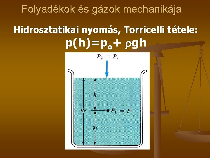 Folyadékok és gázok mechanikája Hidrosztatikai nyomás, Torricelli tétele: p(h)=po+ gh 