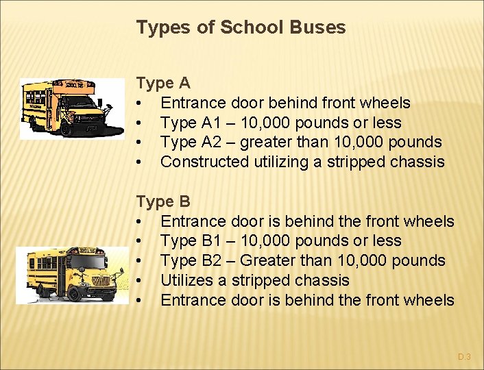 Types of School Buses Type A • Entrance door behind front wheels • Type