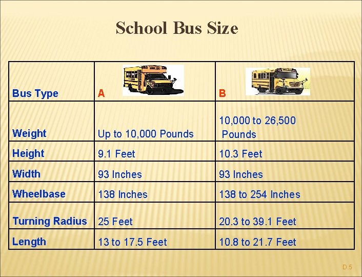 School Bus Size Bus Type A B Weight Up to 10, 000 Pounds 10,