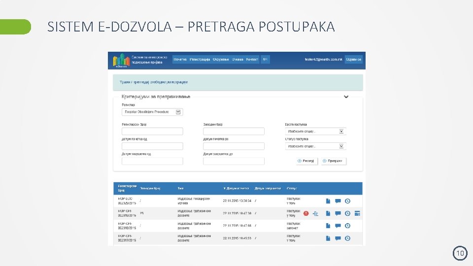 SISTEM E-DOZVOLA – PRETRAGA POSTUPAKA 10 