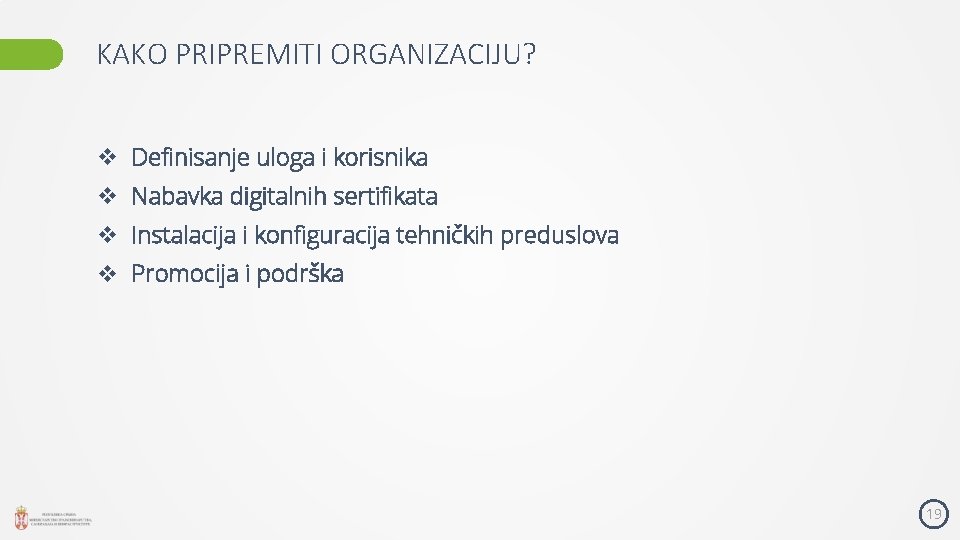 KAKO PRIPREMITI ORGANIZACIJU? v Definisanje uloga i korisnika v Nabavka digitalnih sertifikata v Instalacija
