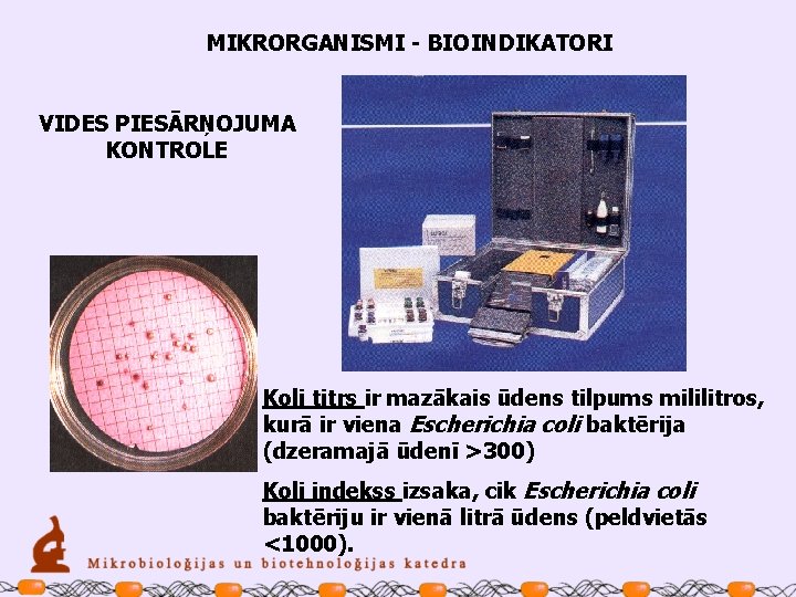 MIKRORGANISMI - BIOINDIKATORI VIDES PIESĀRŅOJUMA KONTROLE Koli titrs ir mazākais ūdens tilpums mililitros, kurā