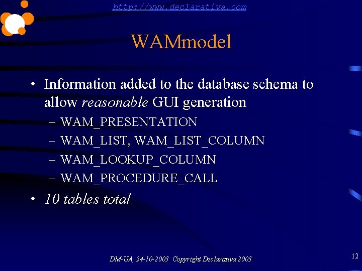 http: //www. declarativa. com WAMmodel • Information added to the database schema to allow