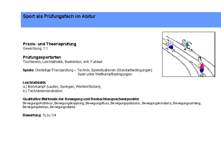 Sport als Prüfungsfach im Abitur Praxis- und Theorieprüfung Gewichtung: 1: 1 Prüfungssportarten Tischtennis, Leichtathletik,