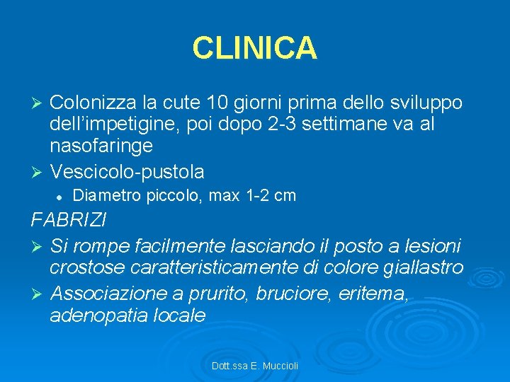 CLINICA Colonizza la cute 10 giorni prima dello sviluppo dell’impetigine, poi dopo 2 -3