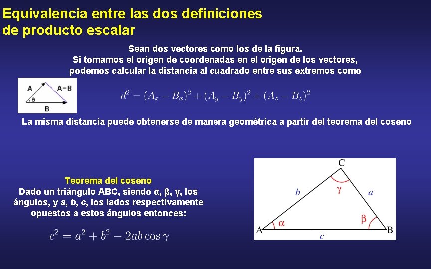 Equivalencia entre las dos definiciones de producto escalar Sean dos vectores como los de