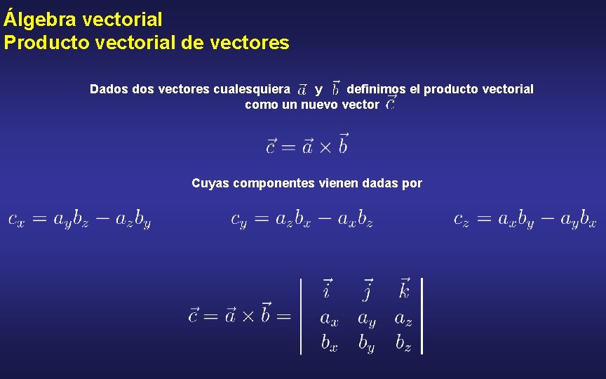 Álgebra vectorial Producto vectorial de vectores Dados vectores cualesquiera y definimos el producto vectorial