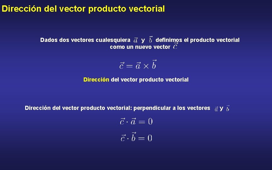 Dirección del vector producto vectorial Dados vectores cualesquiera y definimos el producto vectorial como