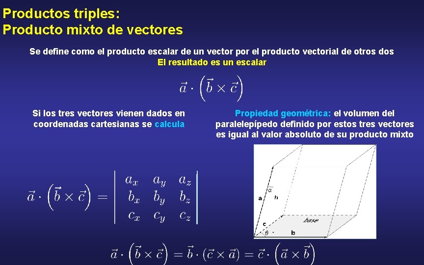 Productos triples: Producto mixto de vectores Se define como el producto escalar de un