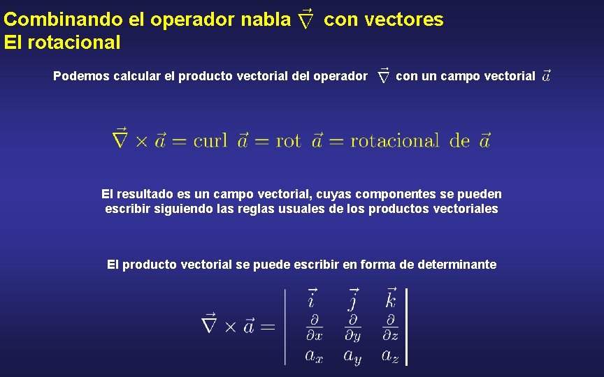 Combinando el operador nabla El rotacional con vectores Podemos calcular el producto vectorial del
