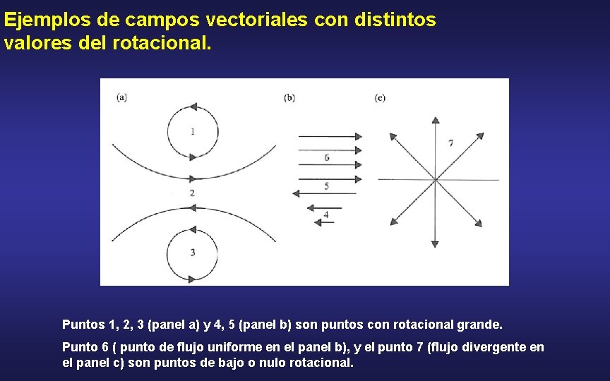 Ejemplos de campos vectoriales con distintos valores del rotacional. Puntos 1, 2, 3 (panel