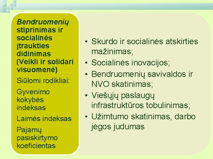 Bendruomenių stiprinimas ir socialinės įtraukties didinimas (Veikli ir solidari visuomenė) Siūlomi rodikliai: Gyvenimo kokybės