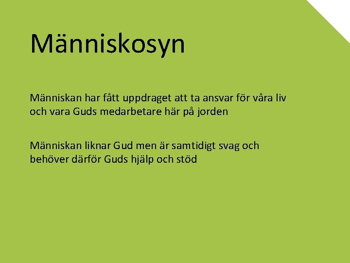 Människosyn Människan har fått uppdraget att ta ansvar för våra liv och vara Guds