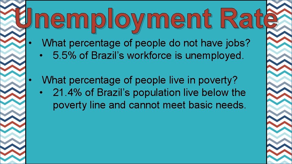 Unemployment Rate • What percentage of people do not have jobs? • 5. 5%
