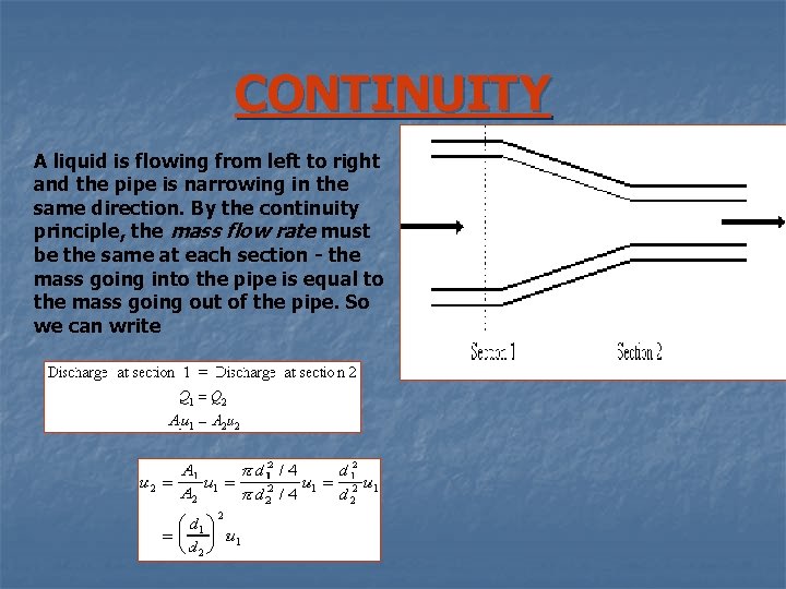 CONTINUITY A liquid is flowing from left to right and the pipe is narrowing