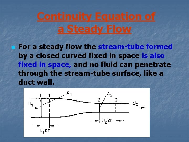 Continuity Equation of a Steady Flow n For a steady flow the stream-tube formed