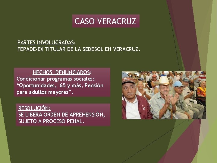 CASO VERACRUZ PARTES INVOLUCRADAS: FEPADE-EX TITULAR DE LA SEDESOL EN VERACRUZ. HECHOS DENUNCIADOS: Condicionar