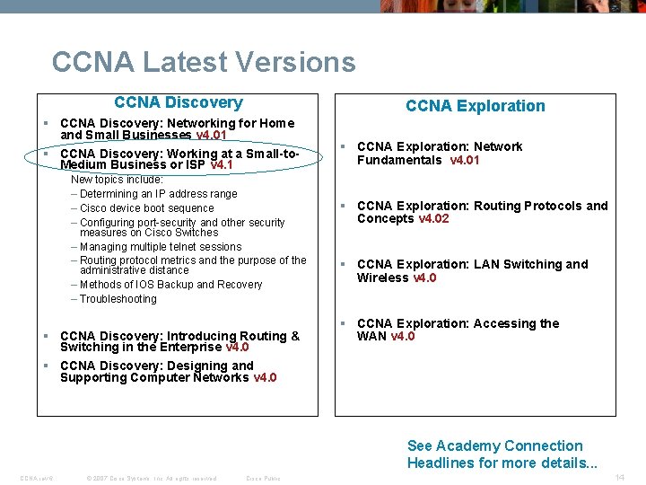 CCNA Latest Versions CCNA Discovery CCNA Exploration § CCNA Discovery: Networking for Home and