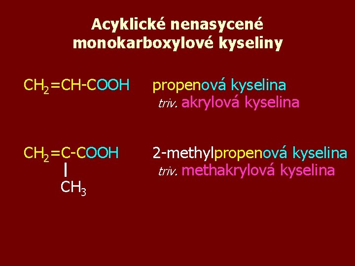 Acyklické nenasycené monokarboxylové kyseliny CH 2=CH-COOH propenová kyselina triv. akrylová kyselina CH 2=C-COOH 2
