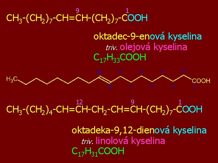 9 1 CH 3 -(CH 2)7 -CH=CH-(CH 2)7 -COOH oktadec-9 -enová kyselina triv. olejová
