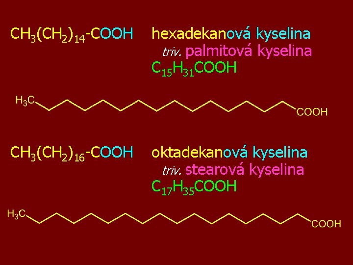 CH 3(CH 2)14 -COOH hexadekanová kyselina triv. palmitová kyselina C 15 H 31 COOH