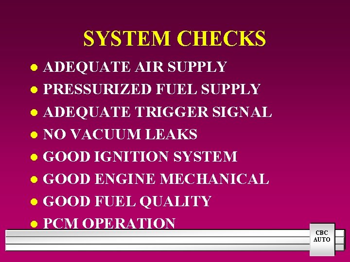 SYSTEM CHECKS ADEQUATE AIR SUPPLY l PRESSURIZED FUEL SUPPLY l ADEQUATE TRIGGER SIGNAL l