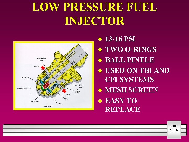 LOW PRESSURE FUEL INJECTOR l l l 13 -16 PSI TWO O-RINGS BALL PINTLE